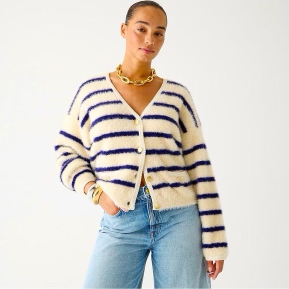 J. Crew lady jacket brushed cardigan stripe cream blue gold button